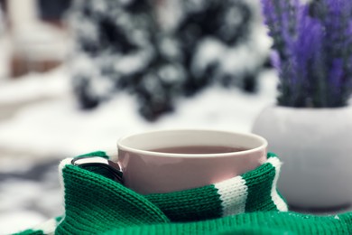 Photo of Winter morning. Cup with hot drink wrapped in green sweater outdoors, closeup. Space for text