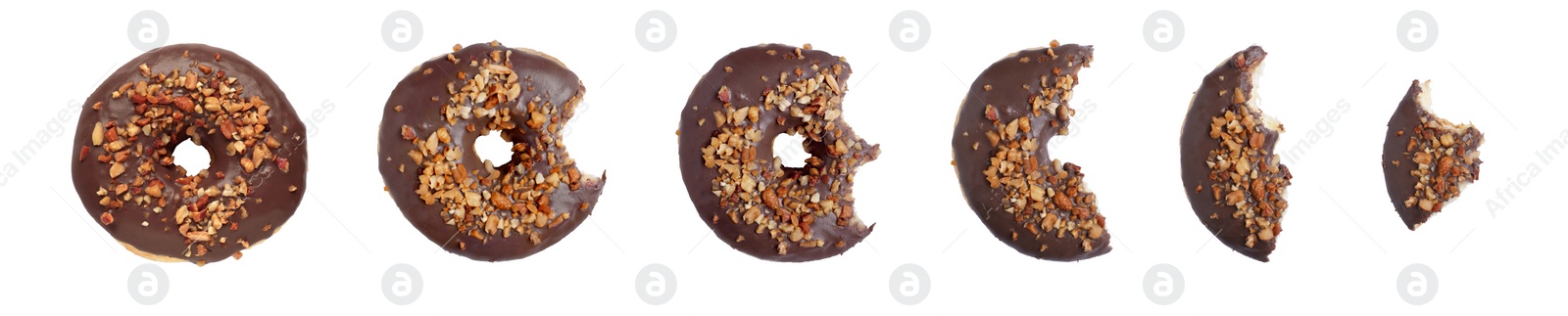 Image of Eating tasty donut. Collage with pieces of dessert isolated on white