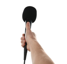 Photo of Woman holding microphone on white background, closeup