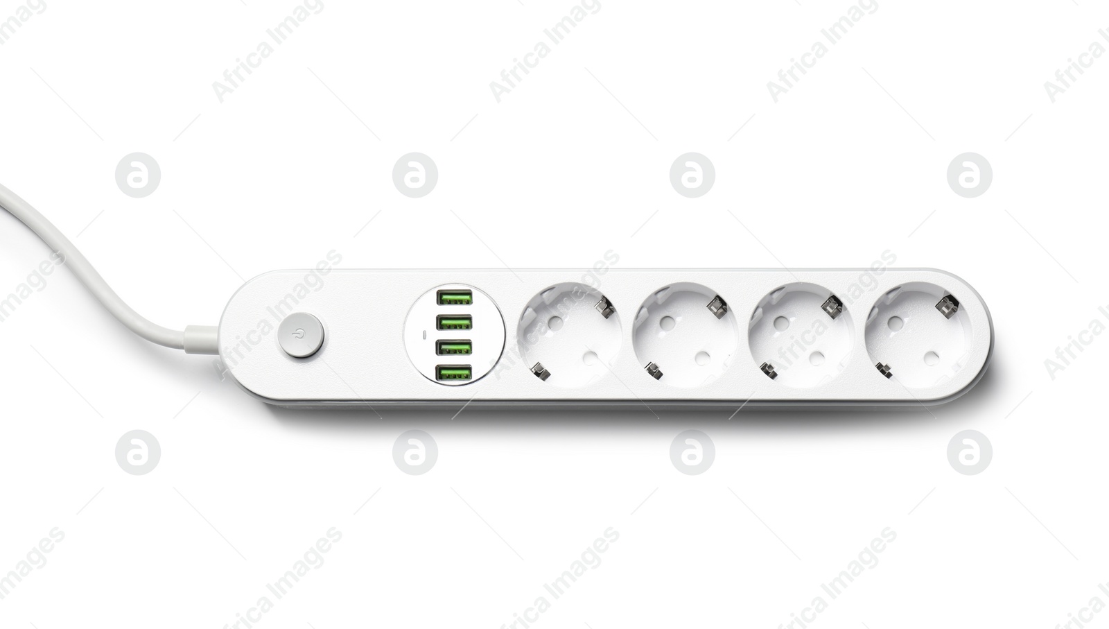 Photo of Extension cord on white background, top view. Electrician's equipment