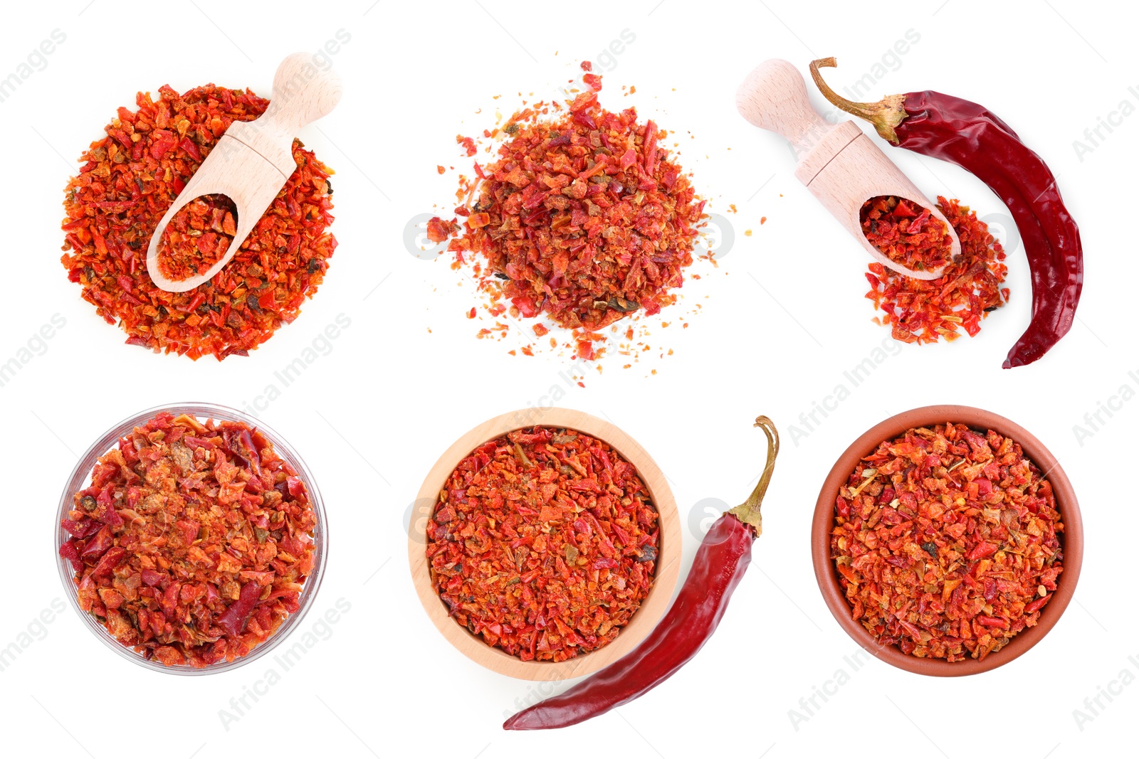 Image of Aromatic spices. Red chili pepper flakes on white background, top view