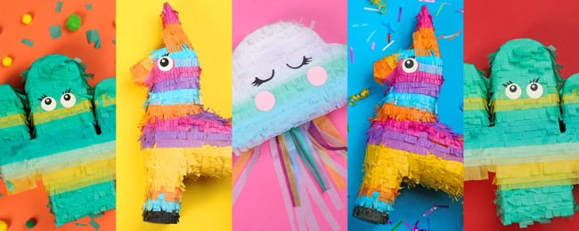 Image of Collage with photos of funny pinatas on different color backgrounds, top view. Banner design
