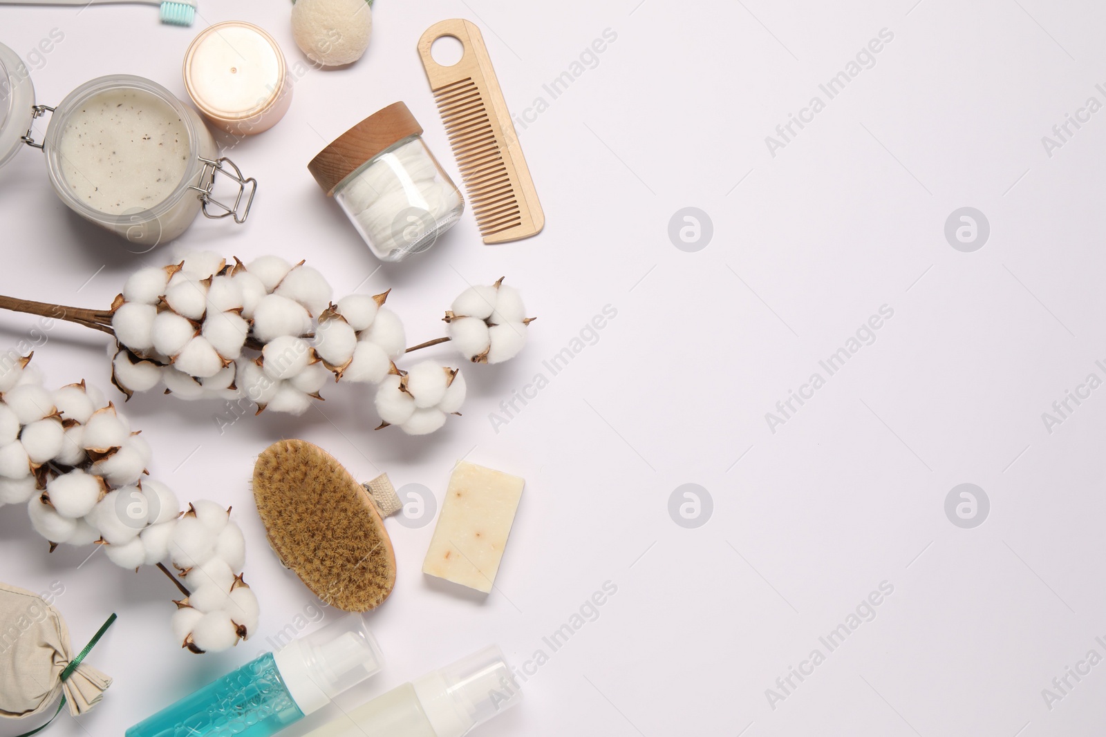 Photo of Bath accessories. Flat lay composition with personal care products on white background, space for text