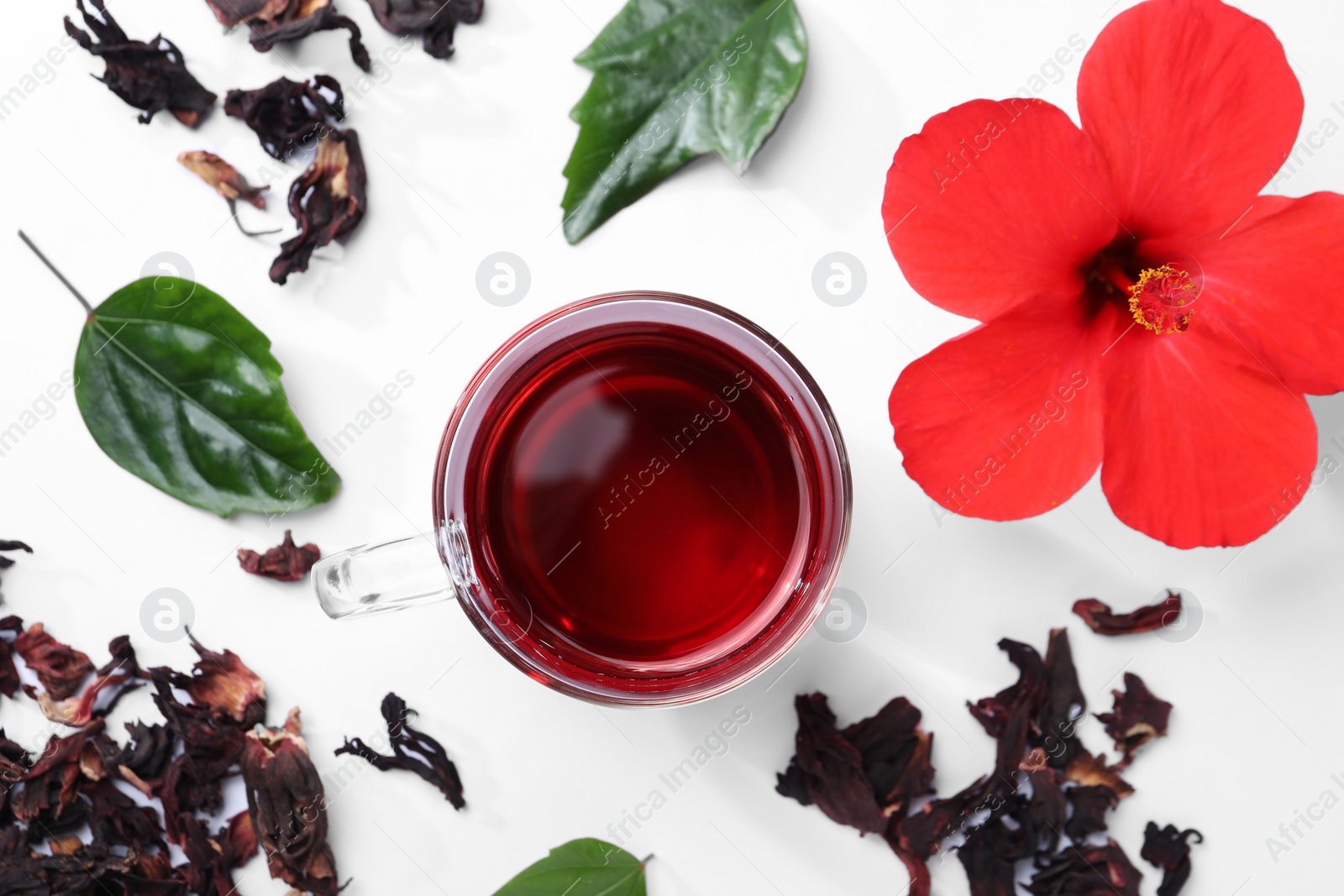 Photo of Flat lay composition with delicious hibiscus tea on white background