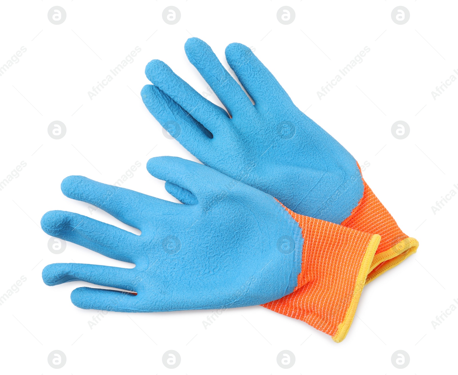 Photo of Pair of color gardening gloves isolated on white, top view