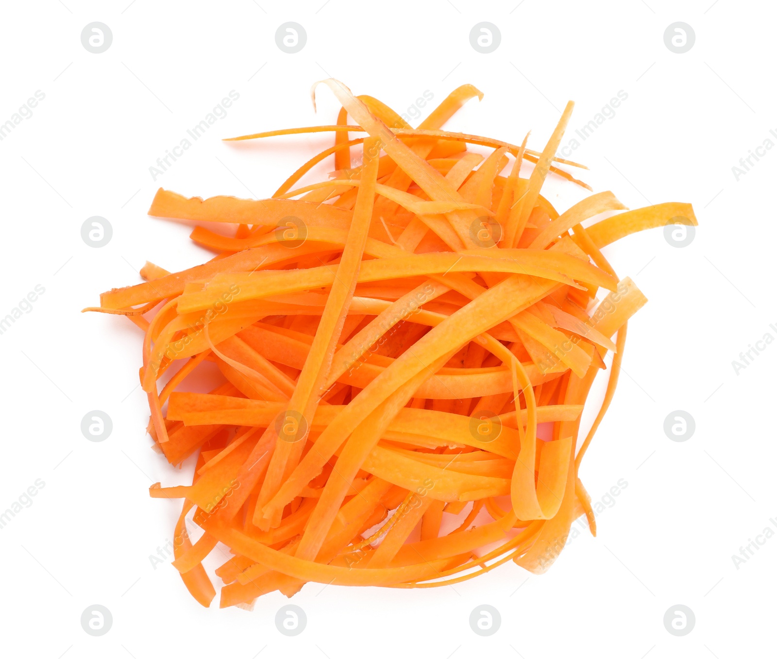 Photo of Pile of raw shredded carrot isolated on white, top view