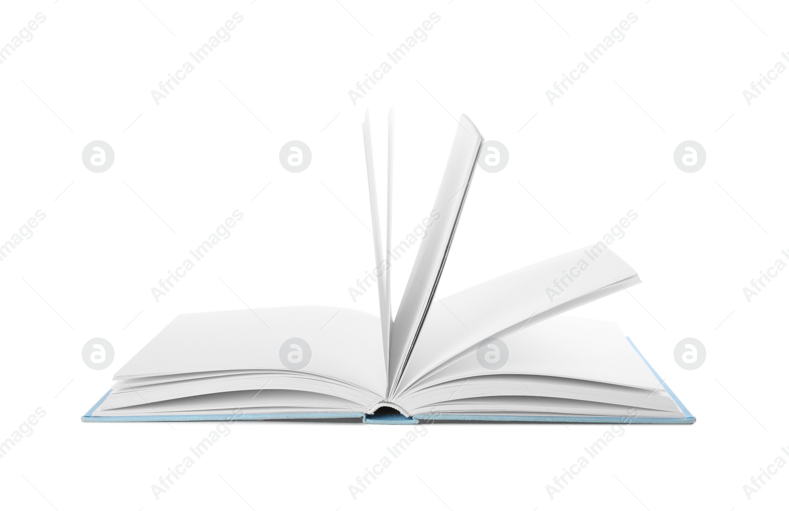 Photo of Open hardcover book with blank pages on white background