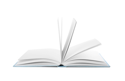 Photo of Open hardcover book with blank pages on white background