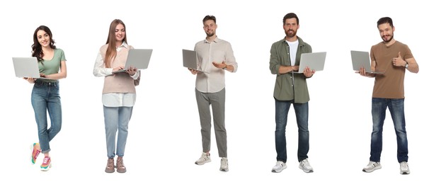 People with laptops on white background, collage design