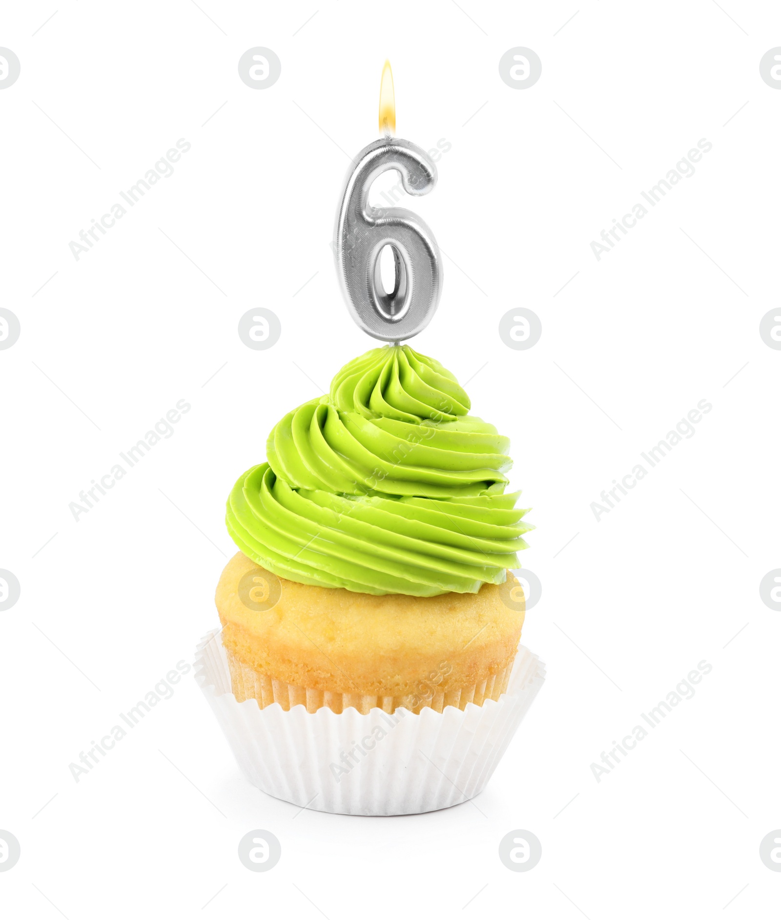 Photo of Birthday cupcake with number six candle on white background