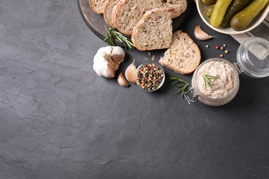 Delicious lard spread on black table, flat lay. Space for text
