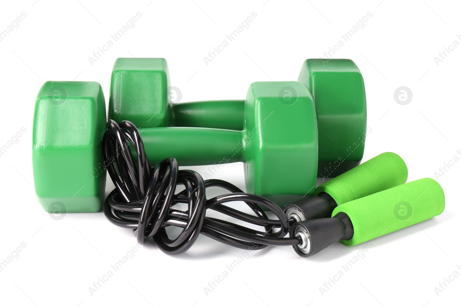 Photo of Dumbbells and skipping rope isolated on white