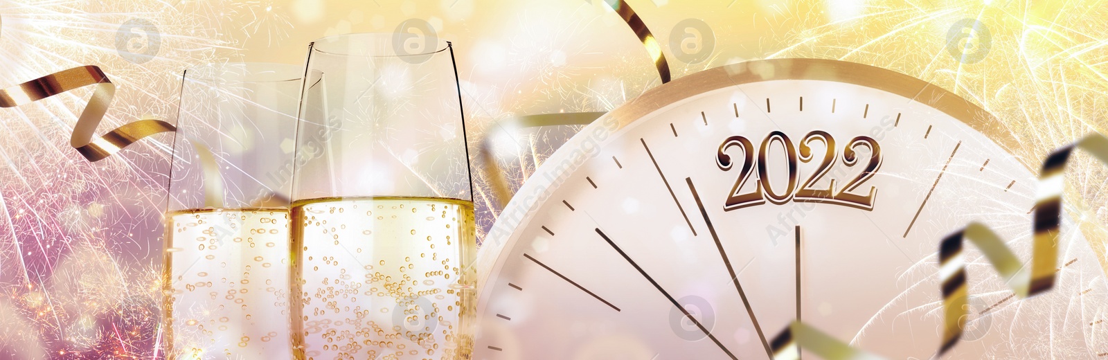 Image of Glasses of sparkling wine, clock, shiny streamers and firework on color background, banner design. Countdown to New Year 2022