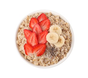 Photo of Tasty boiled oatmeal with strawberries, banana and chia seeds in bowl isolated on white, top view