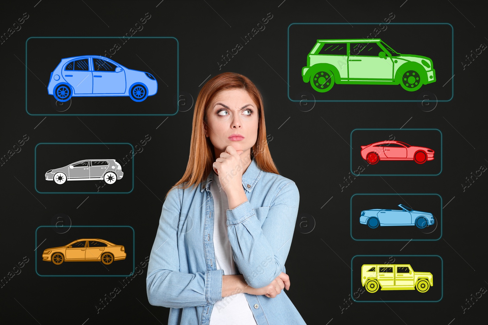 Image of Car buying. Woman choosing auto on dark background