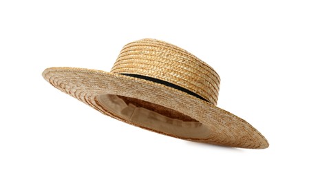 Stylish straw hat isolated on white. Beach accessory