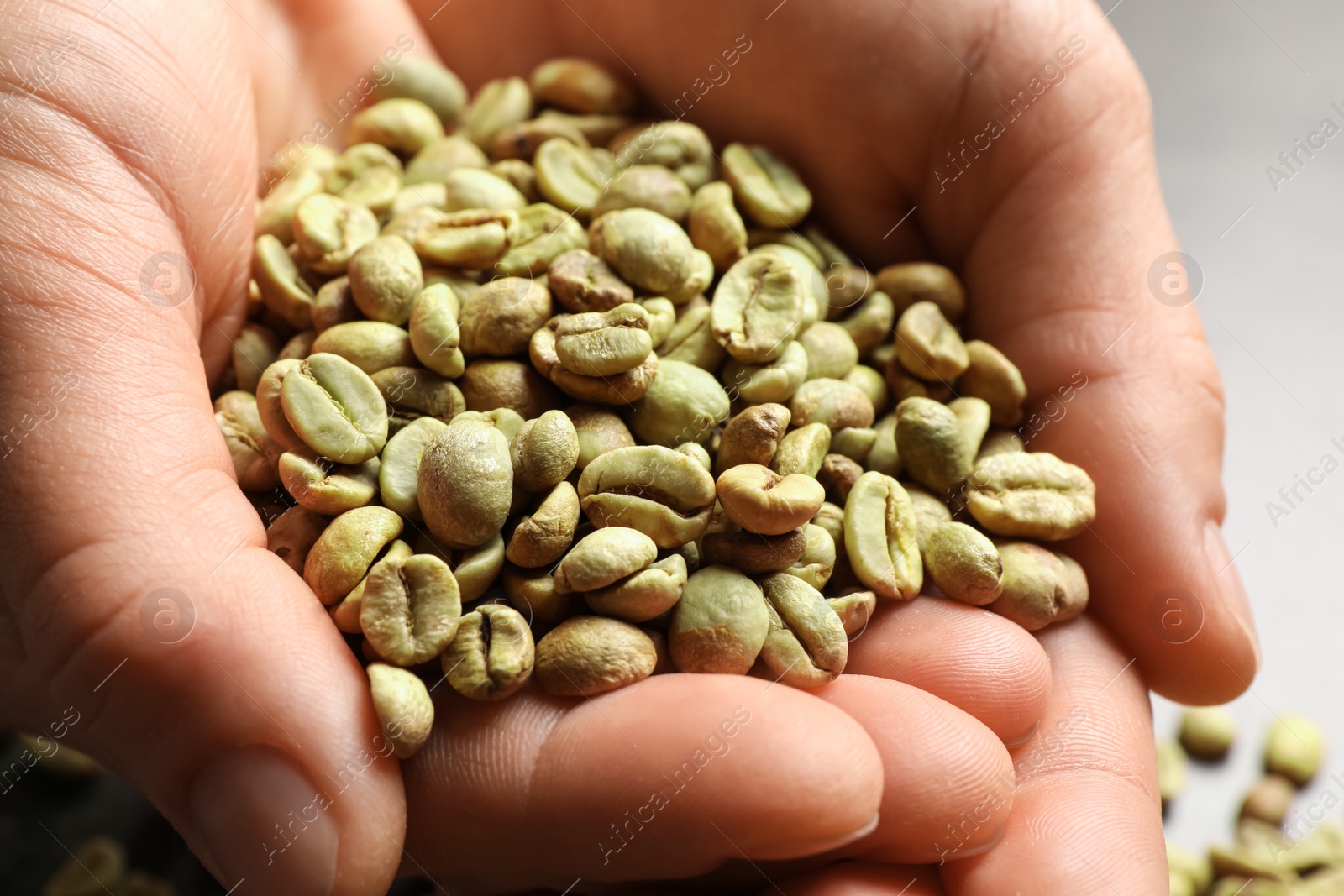Photo of Woman holding pile of green coffee beans, closeup
