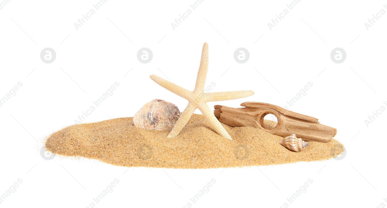 Photo of Beautiful sea star, shells and sand isolated on white