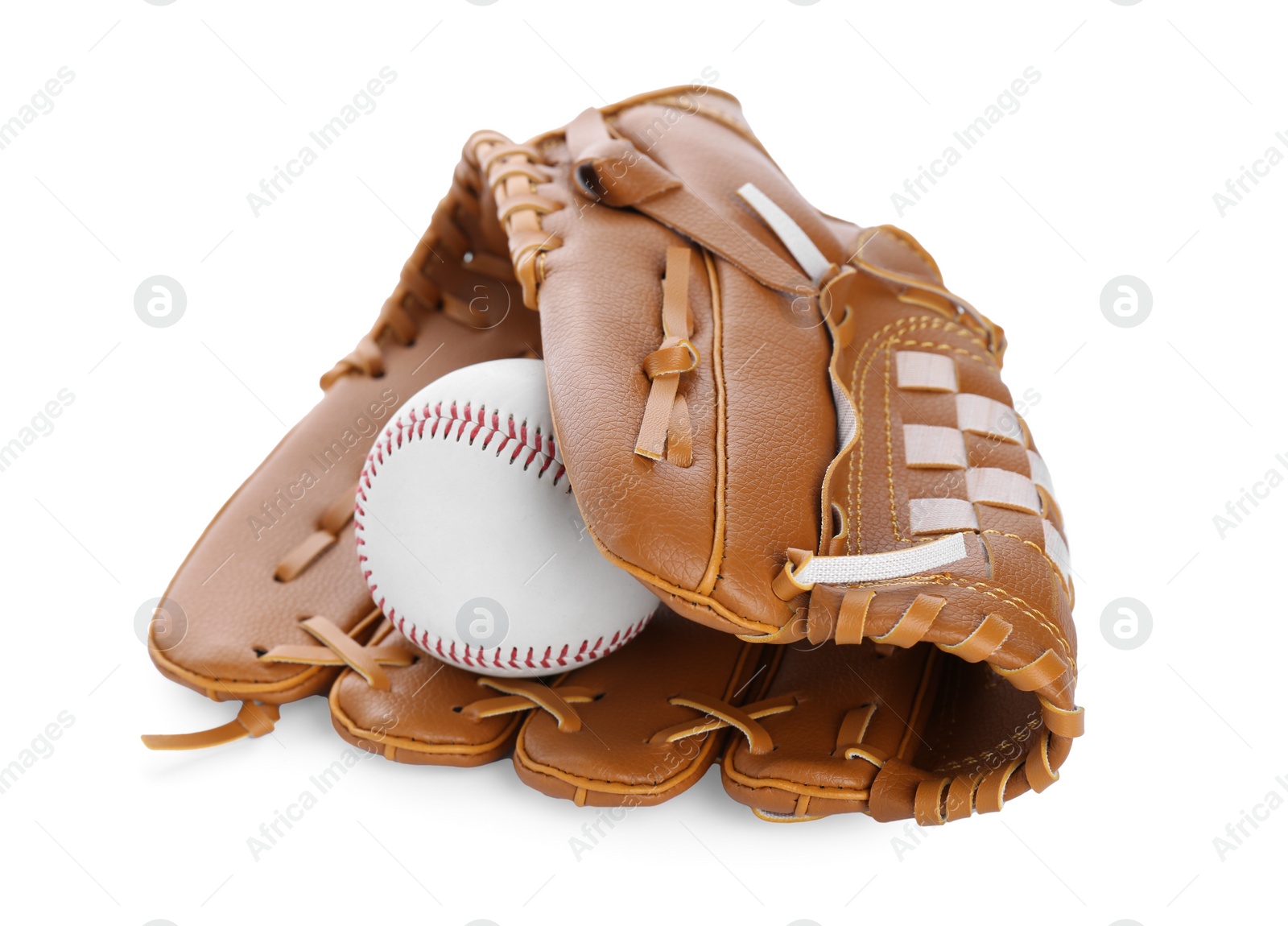 Photo of Leather baseball glove with ball isolated on white