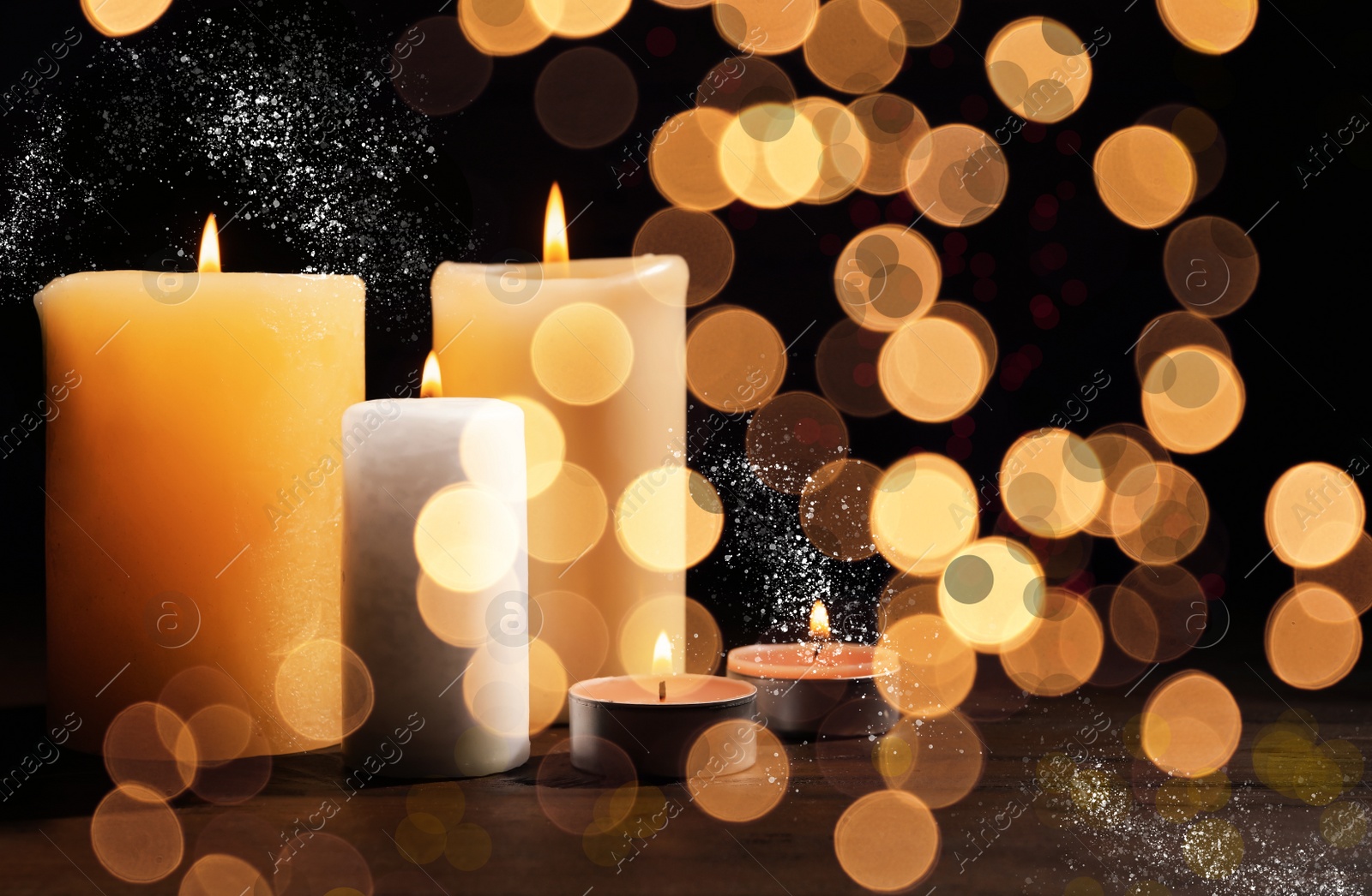 Image of Burning candles on dark background, bokeh effect