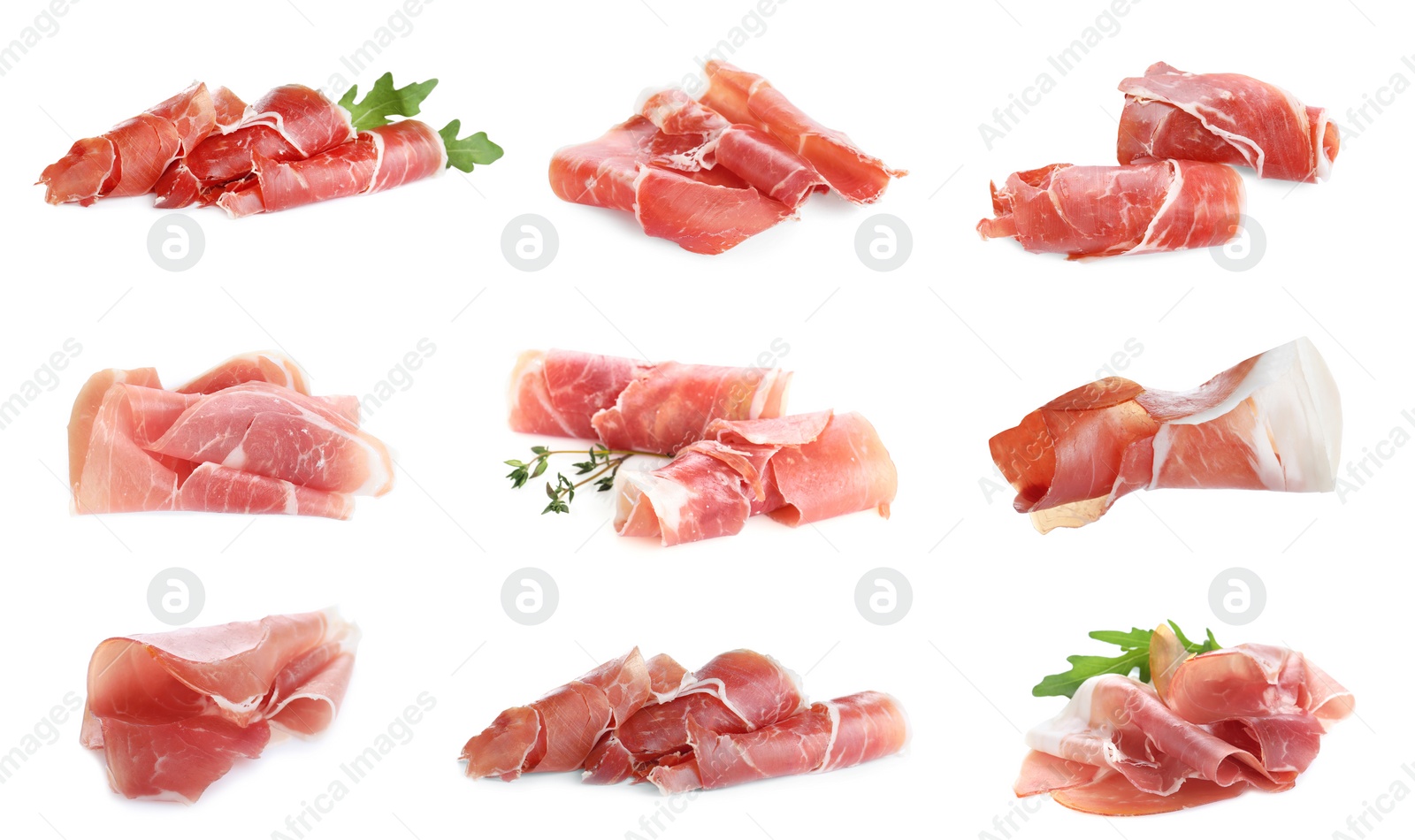 Image of Set of delicious sliced jamon on white background