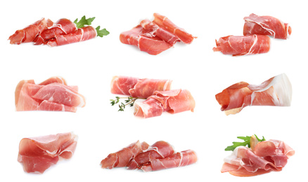 Image of Set of delicious sliced jamon on white background