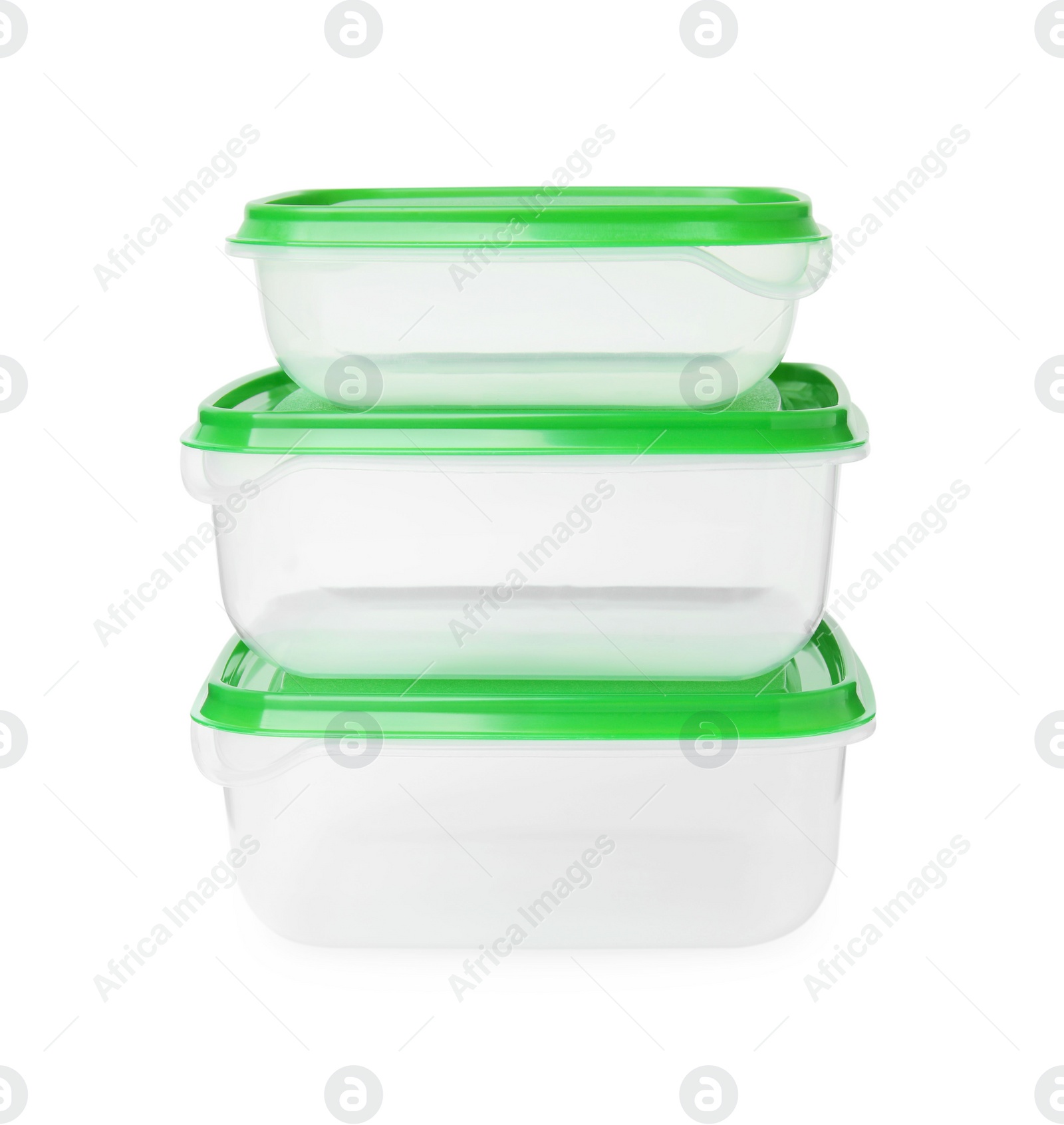 Photo of Empty plastic containers on white background. Food storage