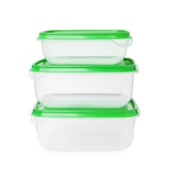 Empty plastic containers on white background. Food storage