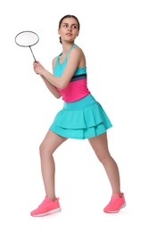 Photo of Young woman playing badminton with racket on white background