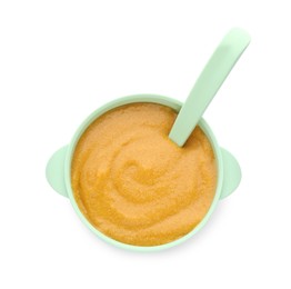 Healthy baby food in bowl on white background, top view