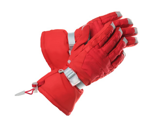 Photo of Woman wearing red ski gloves on white background, closeup. Winter sports clothes