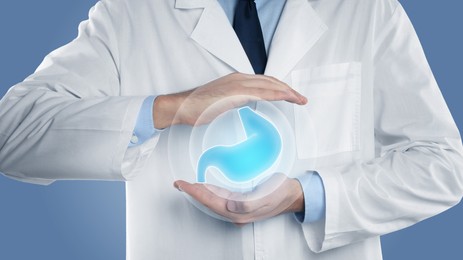 Image of Symptoms and treatment of heartburn and other gastrointestinal diseases. Doctor holding stomach illustration on blue background, closeup