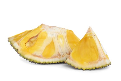 Photo of Slices of delicious exotic jackfruit on white background