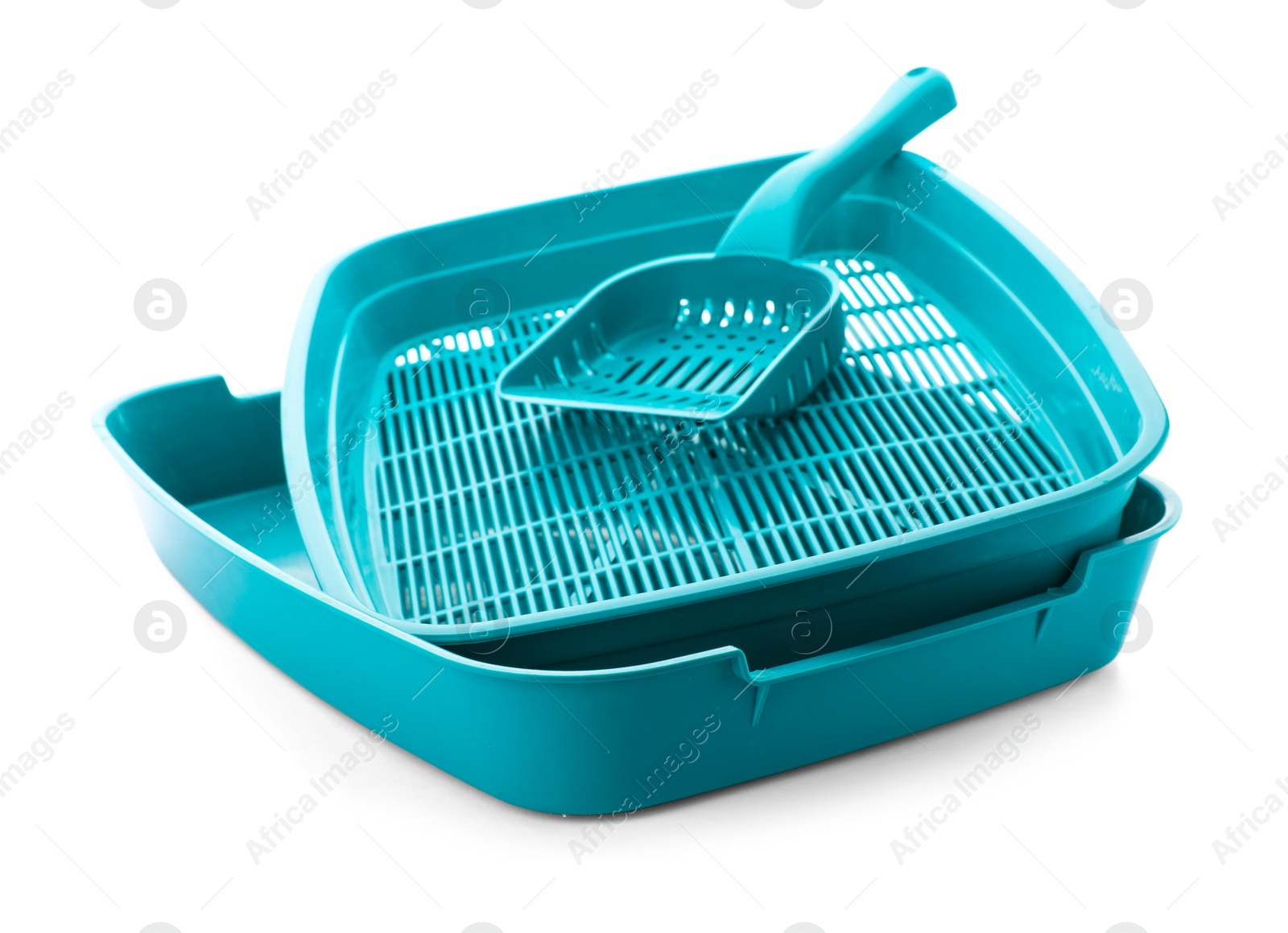 Photo of Litter tray and scoop for cat on white background. Pet accessories