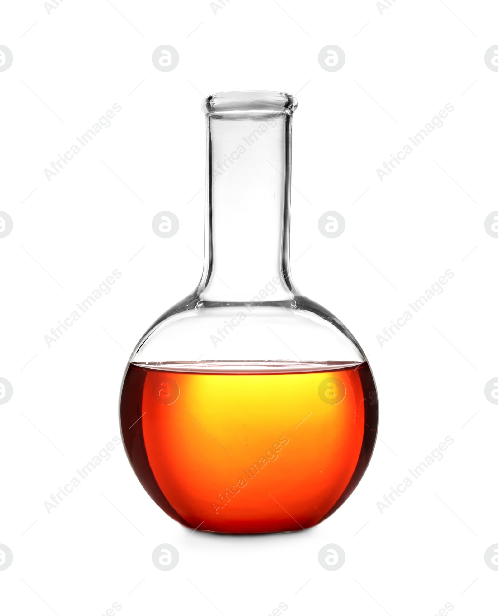 Photo of Laboratory glassware with color sample on white background. Solution chemistry