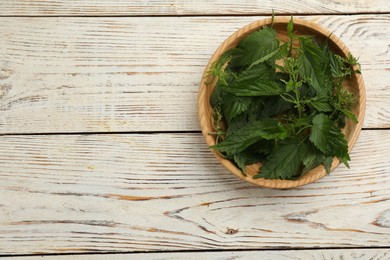 Fresh stinging nettle leaves in bowl on white wooden table, top view. Space for text