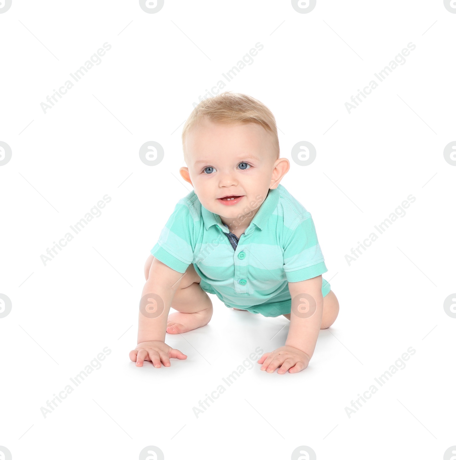 Photo of Cute little baby crawling on white background