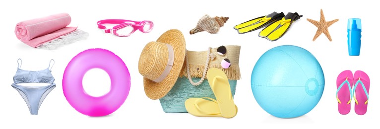 Set with stylish beach bag and other accessories on white background. Banner design 