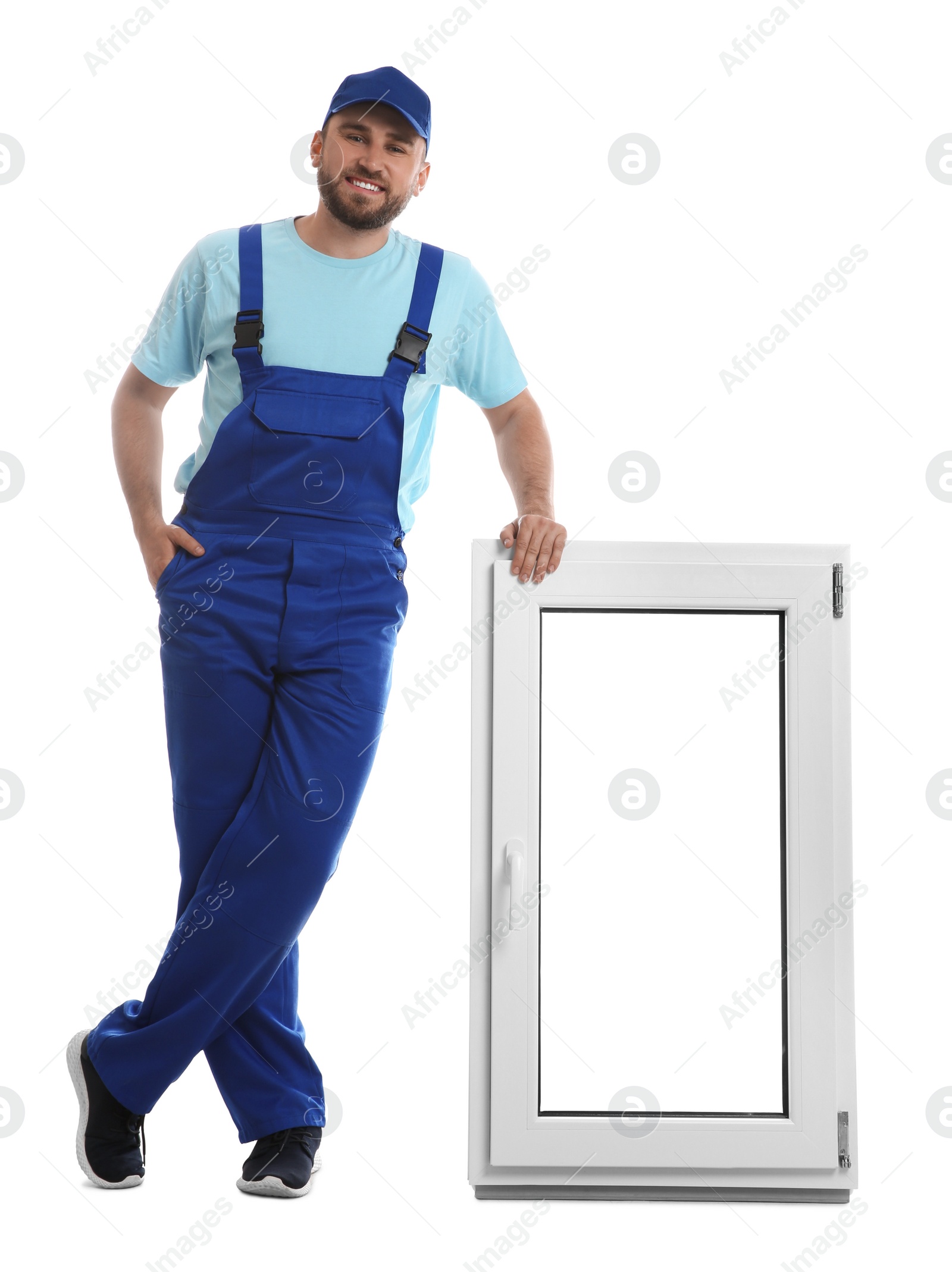 Photo of Worker with plastic window on white background. Installation service