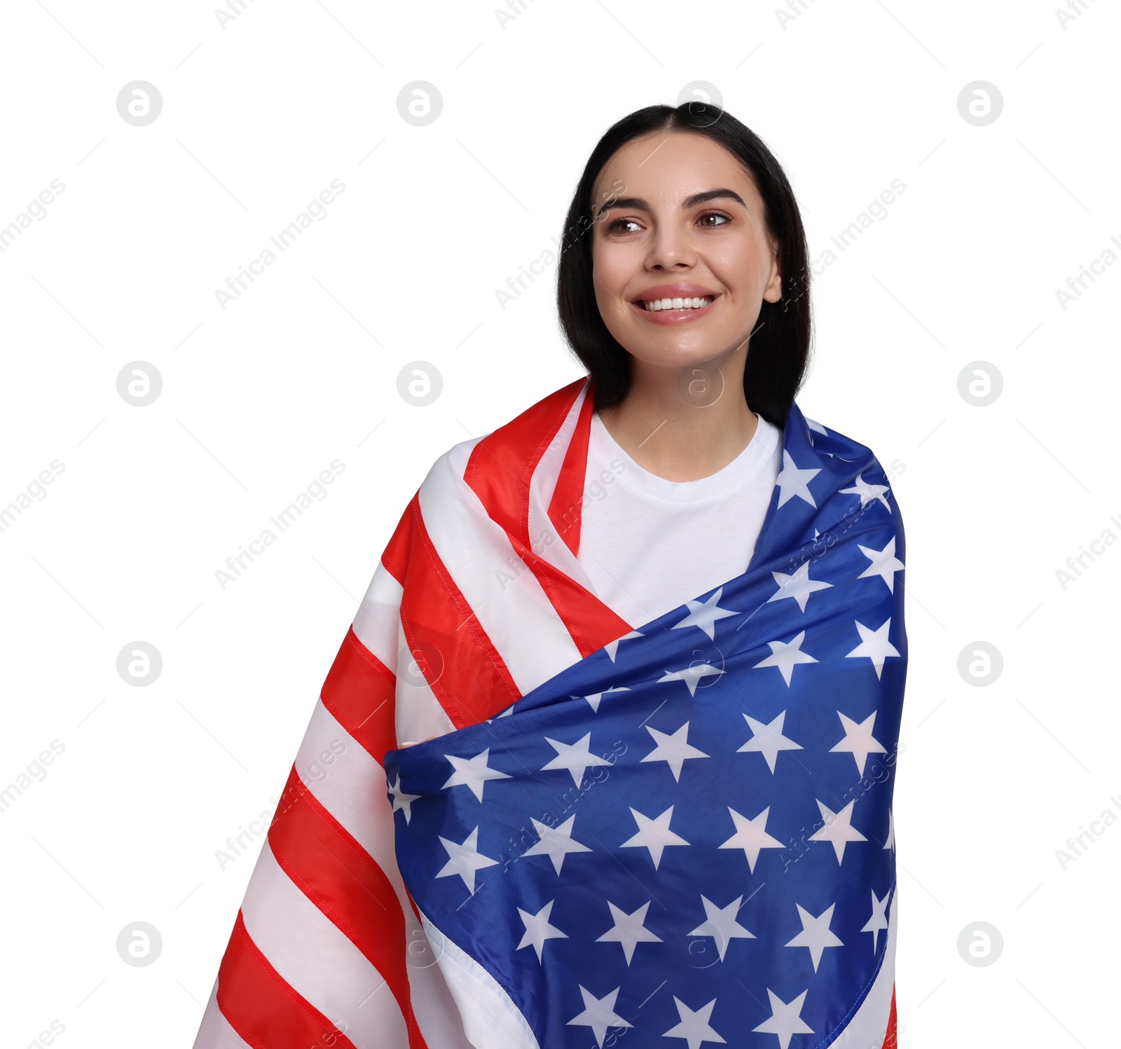 Image of 4th of July - Independence day of America. Happy woman with national flag of United States on white background