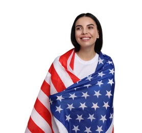 Image of 4th of July - Independence day of America. Happy woman with national flag of United States on white background