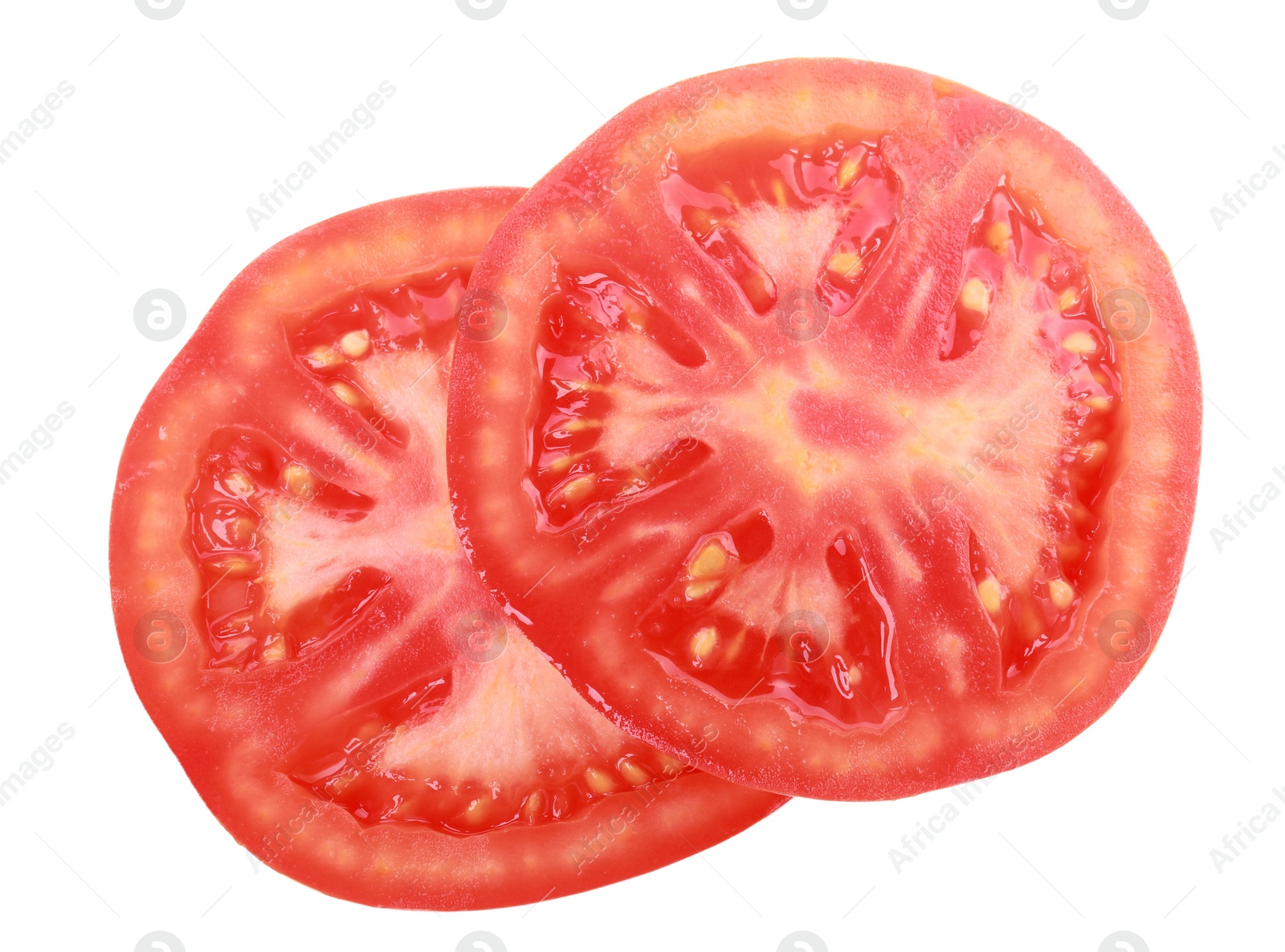 Photo of Slices of tomato for burger isolated on white, top view