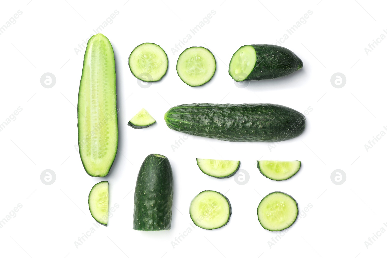 Photo of Flat lay composition with ripe cucumbers on white background