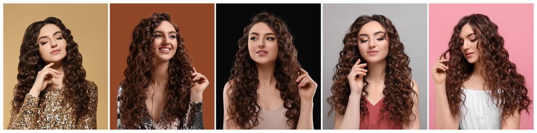 Image of Beautiful woman with hairstyling on different color backgrounds. Collage of photos