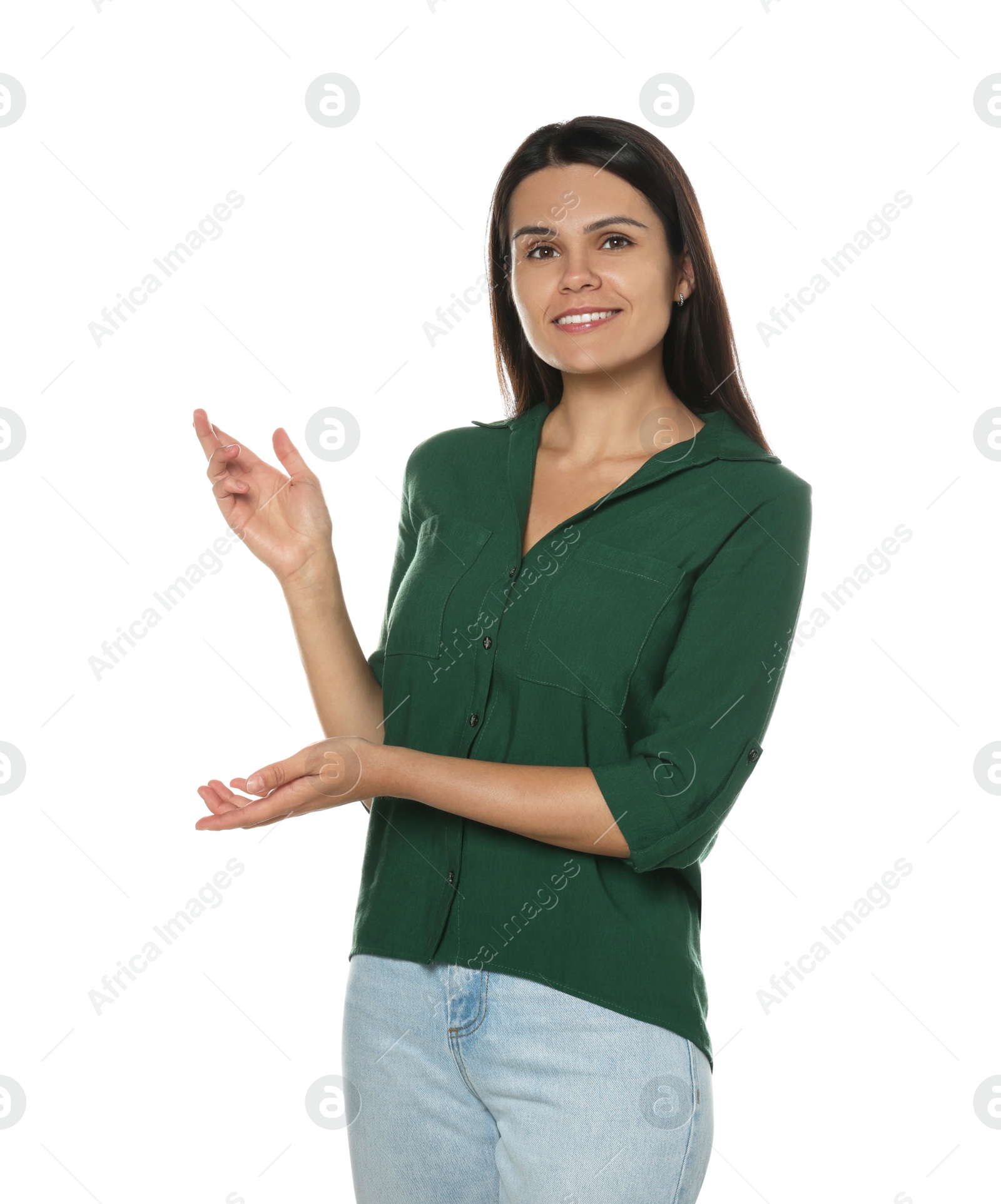 Photo of Beautiful young woman gesturing on white background. Weather forecast reporter