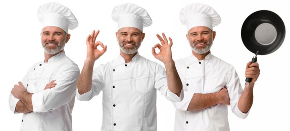 Image of Chef in uniform on white background, set with photos