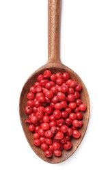 Photo of Aromatic spice. Red pepper in spoon isolated on white, top view