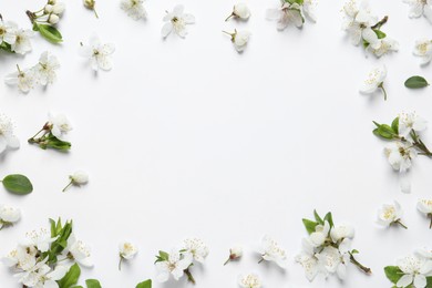 Photo of Frame of beautiful spring flowers on white background, flat lay. Space for text