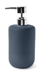 Photo of Bath accessory. Dark blue liquid soap dispenser isolated on white