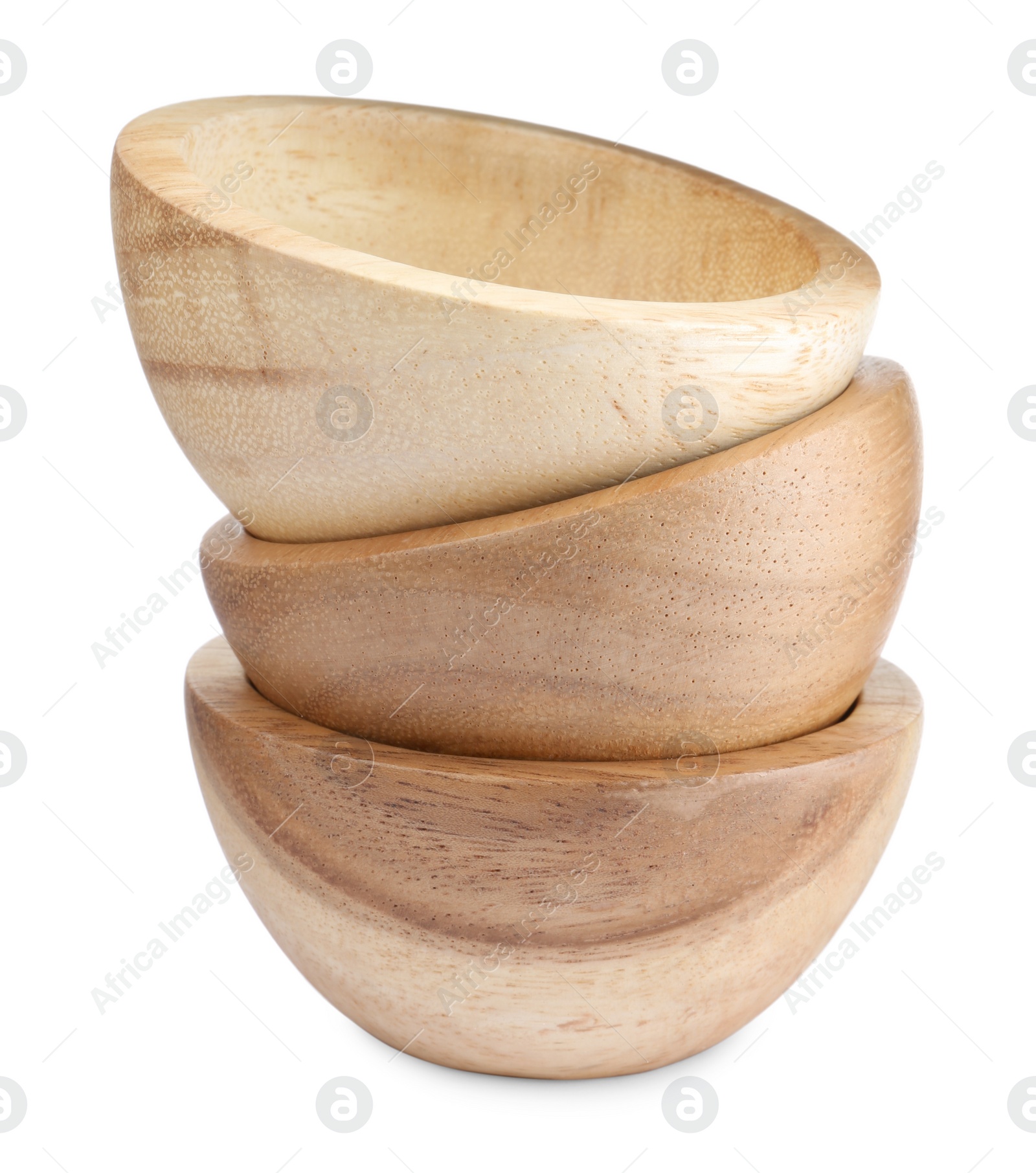 Photo of Set of wooden bowls on white background